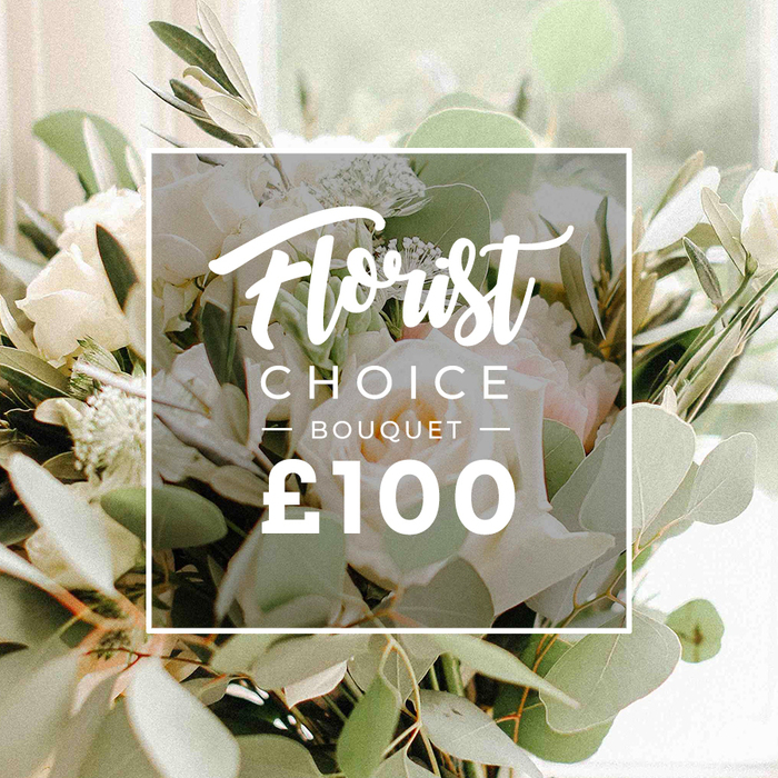 Near the heart of Epping, this square-format bouquet is a statement of refined abundance. Soft white and creamy ivory blooms mingle with pale blush tones, their petals lush and velvety, suggesting garden roses or fully opened peonies. The arrangement breathes with abundant greenery: rounded, silvery eucalyptus and slender, deep-green olive branches that arch through the bouquet like quiet, natural sculpture. The blooms are set in a way that invites sight from every angle, and a natural light pours in, creating a luminous, almost candid glow that heightens the bouquet's romantic mood. The background is softly blurred, keeping focus on the floral architecture in the foreground. Centered over the blooms is a translucent white square overlay bearing the text Florist at the top in a graceful script, followed by CHOICE and BOUQUET in bold sans-serif capitals. A delicate horizontal line frames BOUQUET, drawing the eye and clarifying the product name. Beneath, the price ?100 appears in a robust typeface, easily read by shoppers. This image serves as a luxurious product feature for a florist's online listing, ideal for gifting on anniversaries, special occasions, or celebratory moments, and aligns with Flowers Epping's reputation for contemporary elegance, steady delivery service, and fresh, seasonal stems for customers in Waltham Cross, Loughton, and surrounding towns.