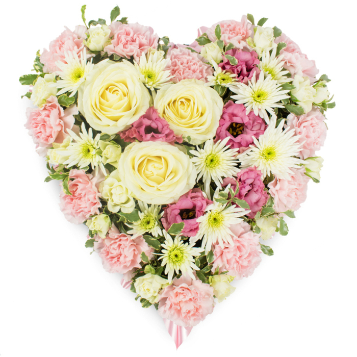 A large, heart-shaped floral tribute is displayed against a clean white backdrop, allowing its tender colours and intricate textures to stand out with quiet dignity. The heart is completely filled with flowers, creating a smooth, continuous surface that traces the familiar symbol of love with no breaks or empty spaces. Several prominent roses in creamy yellow to soft ivory sit near the centre, each bloom perfectly shaped, with tight, elegant spirals that gradually loosen into outer petals, suggesting a life unfolding with grace. Around these focal roses, an abundance of blush and pastel pink carnations provides the main structure. Their densely ruffled petals overlap like little waves of fabric, forming both the outline and the inner body of the heart, and giving a sense of softness that feels almost like a gentle embrace. Scattered through the carnations are bright white spider chrysanthemums, instantly recognisable by their long, slender petals that burst out from fresh green middles, adding fine detail and a crisp contrast to the pastel tones. Deeper magenta or fuchsia-pink lisianthus blooms are tucked thoughtfully between the lighter flowers, their bell-like shapes and richer colour lending a touch of emotional depth and visual drama to the otherwise soft palette. Tiny hints of green foliage and small buds peek out from beneath the blossoms, suggesting the freshness of flowers delivered the same day from a local Epping florist, perhaps for a service at a nearby chapel or crematorium. Near the point of the heart, a delicate pink ribbon is just visible, implying that this is a tribute ready to be laid beside a coffin or memorial, a quiet yet powerful symbol of affection, remembrance and support for grieving families in the Epping community.