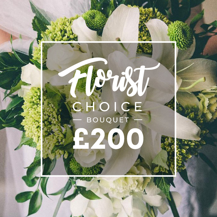 With a hand-tied discipline that speaks of years behind the counter, this Florist Choice bouquet presents a pristine white-and-lime palette that feels at once serene and architectural. The dominant blooms are large white lilies, their petals curving like porcelain sails, radiating a quiet elegance. They are complemented by soft white, multi-petaled blossoms-ranunculus or spray roses-that add clouded texture and luxurious fullness. Interspersed are dense lime-green clusters-Green Trick dianthus or hydrangea-like formations-that bring a modern, almost sculpture-like energy to the arrangement. Dark green foliage threads through the bouquet-eucalyptus and ruscus-creating depth, motion, and a lush base that grounds the design. The hand-tied stems converge in a tight, precise composition, suggesting a bouquet prepared with the care of a studio arrangement, then presented in a simple, subtle setting that lets the flowers speak. The backdrop is softly blurred, hinting at a wedding dress or elegant attire, perhaps on a bride on North Road or at a church near Epping's leafy lanes, while an overlay frame sits at the center with Florist Choice at the top and BOUQUET in uppercase, finishing with the bold ?200 price. The image radiates a high-value gift, ideal for weddings, anniversaries, or sophisticated celebrations, and it reads as a guarantee of fresh, premium blooms delivered across Epping and the surrounding communities by Flowers Epping on the day you need them.