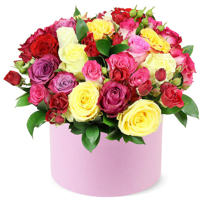 An opulent, multihued rose bouquet crowns a soft pastel pink hat box in a round, sculptural silhouette that says celebration from the moment you see it. The display gathers dozens of roses in hues of deep crimson, sunny yellow, fuchsia, pale pink, magenta, lavender, and creamy white, arranged in a dense, domed cluster that rises proudly above the rim of the round container. Dark green leaves provide a glossy foil that intensifies each petal's colour, with blooms in a variety of sizes-from oversized, fully opened roses to smaller spray roses and tender buds-to create texture, depth, and a sense of lush abundance. The box's smooth, matte finish offers a contemporary stage for the riot of colour, making the arrangement feel both luxurious and approachable.

This stunning gift feels right for significant moments-birthdays, anniversaries, or heartfelt thanks-delivered to homes and businesses along the High Street, near Epping Forest's edge, or toward Loughton and Chigwell. The white background isolates the flower magic, letting light travel across petals to reveal velvet purples and gleaming yellows alike. The bouquet's energy speaks of generosity and affection, a thoughtful gesture that travels easily with same-day delivery across the town, ensuring freshness and impact from the moment it arrives. It's a celebration of craft and colour that can brighten a room and a day. Framing the scene, the soft white backdrop makes the bouquet feel elevated, like a premium gift selected for a milestone or a heartfelt apology turned into joy.