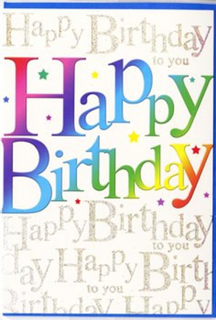 This photograph shows a delightfully upbeat birthday card, the kind you might spot on a display stand while picking up flowers for a party in Epping. The entire front is devoted to the phrase Happy Birthday, written in large, rounded letters that look almost hand-painted, each one immersed in a different hue so the words flow like a gentle rainbow across the card. Rich red and pink tones transition into glowing oranges and yellows before cooling into greens, blues, and purples, giving the impression of a continuous spectrum, similar to the way colours shift across the sky at sunset over Epping's rooftops. The letters appear slightly embossed, with a smooth, glossy sheen that makes them pop crisply against the background, as if layered on top of the card rather than simply printed. Behind this central text, the entire backdrop is covered with a softly repeating message in fine gold script: Happy Birthday to you, written over and over in looping, cursive strokes. The script resembles delicate handwriting in shimmery ink, lightly reflective without being overpowering, like sunlight flirting with the windows of shops along Epping High Street. Scattered between and around the large letters are tiny, star-shaped accents and rounded dots in harmonising colours-magenta, teal, lemon, and lilac-that give the design a sense of movement, like confetti falling at the end of a song. The overall effect is cheerful and celebratory yet still polished, an ideal card to accompany a bouquet delivered across Epping, from quiet residential streets off Hemnall Road to busy homes preparing for birthday gatherings full of cake, candles, and heartfelt wishes.