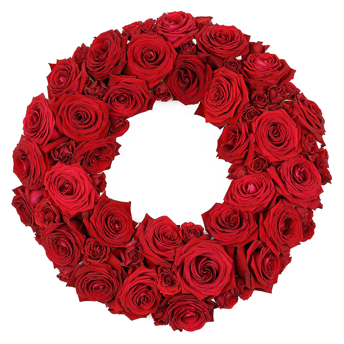 An exquisite circular wreath, crafted entirely from dozens of deep red roses, rests against a stark white backdrop. The arrangement is densely packed, a living sculpture where petals brush and mingle, producing a lush texture that reads as one continuous ruby-red surface. The majority are large, fully opened heads with velvety petals that reveal tight spirals at their centers, their ruby tones unbroken by greenery or filler. Interspersed among them are smaller blossoms, some still unfurling and others just opening, which add depth and movement to the ring. The effect is both bold and elegant, a circle of passion that communicates heat and devotion while staying refined. The light catches the satin sheen of each petal, tracing gentle curves and subtle ridges that remind you of a rose's natural architecture. The white backdrop isolates and elevates the intensity of the crimson, making the craftsmanship the undeniable focal point: perfect alignment, even spacing, and a plush, tactile surface that invites a viewer to imagine the soft touch of petals. This classic design often signals love, respect, remembrance, or solemn sympathy, yet its beauty makes it equally suitable for romantic celebrations, milestone anniversaries, or serene home décor. For customers in Epping, a piece like this is a testament to dependable floristry-crafted with care, framed by our local knowledge of markets and lanes around Epping, and ready for prompt delivery across town. At Flowers Epping we pride ourselves on turning a single image into a story of craft, presence, and emotion, a wreath that will endure as a quiet, powerful expression of feeling.