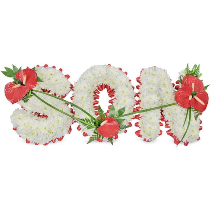 In this image, a striking funeral floral tribute spells out the word SON in robust, block capital letters, positioned against a plain white backdrop that makes the design appear almost to float. The letters are built on a sturdy frame and completely covered with small white chrysanthemums, each flower head tightly nestled against the next. This dense coverage creates a plush, cushion-like texture that gives the arrangement both visual weight and a sense of gentle comfort, as though it might be soft to the touch. Beneath and around the flowers, a vivid red satin ribbon traces every curve and angle of the S, O, and N in a delicate scalloped frill, its reflective surface catching subtle highlights and adding definition and drama. Three carefully balanced groups of red anthuriums provide bolder touches of colour: a generous spray of anthuriums, framed with dark green foliage and airy fern fronds, sits on the upper left of the S; a single, perfectly formed anthurium with its golden-tipped spadix nestles at the base of the O; and a fuller arrangement of several anthuriums and rich greenery crowns the upper right of the N. Slender green blades and stems arc gracefully between these clusters, as if gently laid in place by the florist's hand to create a sense of flow and unity. The tribute evokes the quiet atmosphere of a memorial or funeral service in and around Epping, perhaps at a local church near the High Street or a crematorium on the town's outskirts, where family and friends gather. It stands as a deeply personal statement, spelling out a cherished role and honouring a beloved son with the symbolic contrast of pure white remembrance and passionate red devotion.