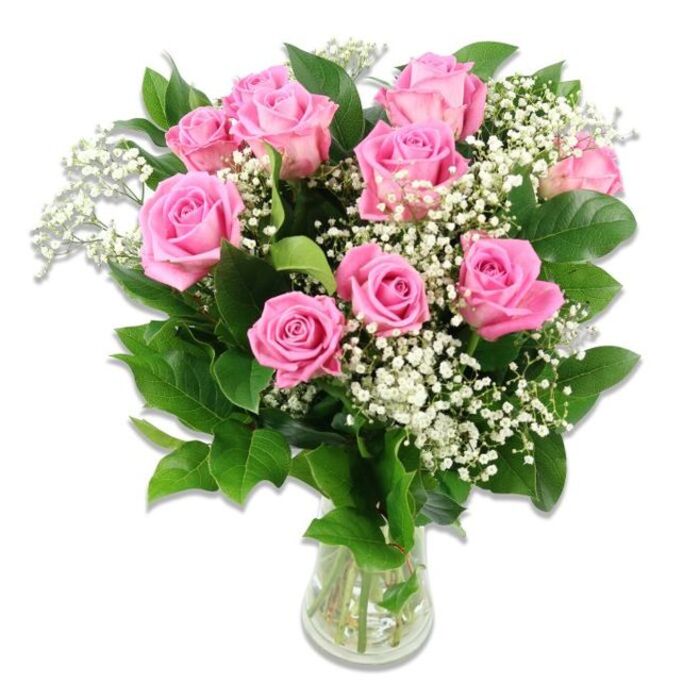 This image presents a romantic baby flowers bouquet designed around ten to twelve pink roses, carefully arranged in a clear glass vase and set against a clean white backdrop so that every nuance of colour and texture stands out. The roses themselves vary in stage and shape: some are open and full, their petals unfurling in generous, layered spirals that create a plush, cushion-like centre, while others remain slightly tighter, hinting at their potential and suggesting freshness. The pink tones shift from a gentle, baby-soft blush on the outer petals to a more saturated rosy pink towards the heart of each bloom, capturing the tender joy of welcoming a new baby girl in Epping. Between the roses, airy clusters of white baby's breath weave through the arrangement, each slender stem topped with minute, star-shaped flowers that create a misty, cloud-like texture, lightening the composition and symbolising innocence. The dark green rose foliage curves around the blooms, polished and healthy, adding structure and framing the flowers much like a cradle. All stems are neatly gathered into a modest, clear glass vase, where the fresh green stems are visible through the water, aligned and trimmed with a florist's care. Soft, even lighting gently illuminates the bouquet from above, enhancing the velvety surface of the petals and the sheen on each leaf, giving the impression of a professionally styled photograph taken in a calm, bright studio just off Epping High Street. The arrangement radiates tenderness, warmth, and new beginnings, ideal for use in articles or product pages about baby girl flower gifts, hospital deliveries to new parents, or elegant newborn congratulations around Epping and the surrounding countryside.