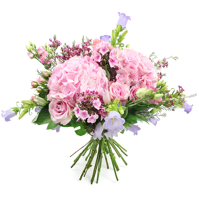 A lush, round bouquet of pastel flowers is presented against a crisp white background, its colours and textures showcased with the clarity of morning light over Epping. Dominating the arrangement are two generous clusters of soft pink hydrangeas, each one a full, domed head composed of many delicate, ruffled petals that overlap to form a cushiony, almost cloud-like surface. Between and around these focal blooms sit light pink roses, their silky petals spiralling outward from tight centres; some are in full bloom, displaying open, romantic faces, while others remain as poised, elongated buds that hint at days of beauty to come. Emerging from the depths of the bouquet are slender stems of bell-shaped flowers in tones of lilac, periwinkle, and muted lavender, reminiscent of garden campanula nodding in the breeze along the edges of Epping Forest. These bellflowers lend height and a graceful, whimsical quality, their small cups tilting gently in different directions. Sprinkled throughout are clusters of finer, smaller blossoms in richer fuchsia and dark pink, similar to waxflower or dainty phlox, adding intricate texture and flashes of more vivid colour that keep the design visually engaging. An abundance of fresh green foliage and tender buds provides structure at the base and between the blooms, giving the bouquet a freshly gathered, garden-inspired character. The stems are pulled together neatly at the bottom and cut to an even length, clearly identifying this as a hand-tied piece ready to be placed into a favourite vase in a home near Epping High Street or close to the forest. The overall feeling is one of joy, elegance, and heartfelt sentiment, perfect for birthdays, anniversaries, thank-you gifts, or simply brightening a loved one's day in and around Epping.