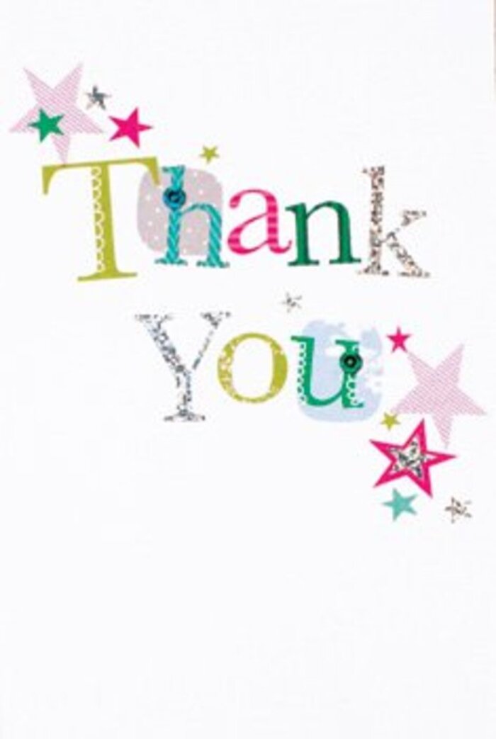 There's a quietly exuberant spirit to this thank you card, reminiscent of a sun-dappled day along Epping's leafy lanes. The artsy lettering of 'Thank You' sits serenely on a spotless white background, with each character boasting its own playful flair-lustrous lime green fills, vivid pink polka dots, serene blue curves, and a hint of silver that sparkles just enough to catch the eye. Stitched details and whimsical spots highlight the craftsmanship akin to locally made crafts found at Epping's artisan fairs. Surrounding the text, a constellation of pastel and metallic stars cluster cheerfully, as though bestowing blessings and celebration upon the message. The arrangement feels light and contemporary, never crowded, offering a breezy sophistication that sits beautifully beside a bright local bouquet. Thoughtfully designed, the card bridges the personal with the festive-making it a gentle, joyful companion to a Flowers Epping arrangement. With every glance and every touch, it radiates gratitude that's as genuine and uplifting as receiving flowers from a friend at Epping Forest's edge.