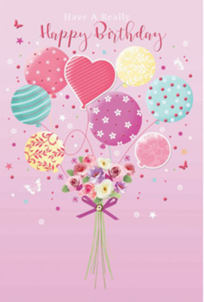 This birthday artwork captures the feeling of gentle jubilation, like stepping out into a bright morning in Epping with a surprise bouquet in your hands. The scene is set on a soft pink canvas, where a graceful cluster of pastel balloons rises upward, tipping slightly as though caught in a light breeze drifting in from Epping Forest. Each balloon has been carefully illustrated: some glow with pale sunshine yellow merging into peach, others shift from rosy fuchsia to lavender, and a few are washed in serene mint and teal. Their surfaces are decorated with playful motifs-slender ribbons spiralling around their curves, clustered polka dots, and stylised floral patterns-that recall festive shopfronts along the High Street. From the base of these balloons, a dainty hand-tied bouquet appears to be gently lifted into the air. Petite roses and soft, daisy-like blooms gather together, their petals shaded from cream to rose-pink, as if brushed by early morning light. You can imagine their scent as softly sweet and fresh, like stepping into a cool, fragrant hallway where birthday flowers have just been delivered. Slim green stems are bundled at the bottom and secured with a violet bow that glints subtly, adding a touch of birthday magic. Around the bouquet, tiny butterflies and star-like accents flutter and shimmer, giving the impression of a garden party paused mid-moment. The overall composition whispers happiness and care, as though a local Epping florist has translated the feeling of being cherished on your birthday into colour, texture, and light.