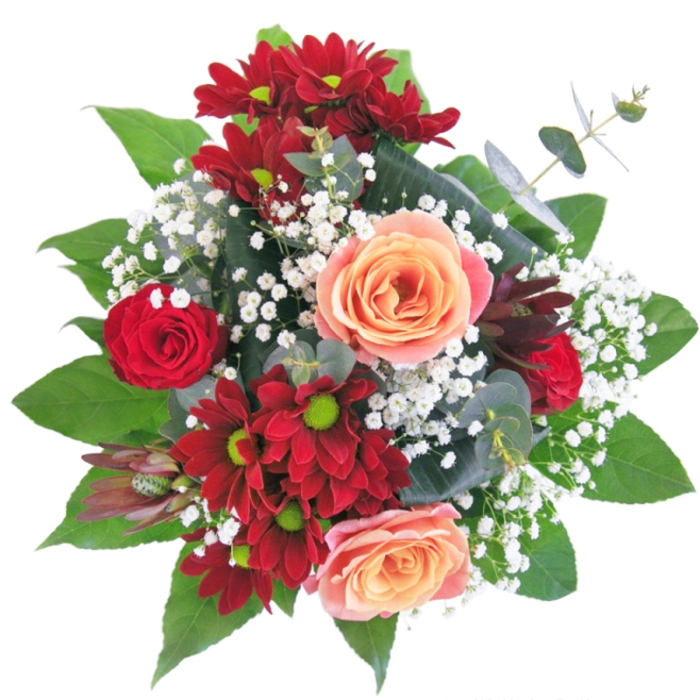 With an artful interplay of form and colour, this striking arrangement demonstrates the seasoned expertise of Epping's local florists. Bold, deep red chrysanthemums frame lush rosebuds, their velvety hues setting a dramatic foundation, while gentle peach and apricot roses soften the composition with a soothing elegance evocative of dawn light over Stonards Hill. Fine tendrils of white gypsophila meander through the bouquet, resembling glistening pearls against silk, imparting an air of refined celebration. Presented in a crystal-clear glass vase, the bouquet's elevated stature echoes the sophistication of a dinner party near Theydon Grove. Each element-plump petals, the resilient blush of green foliage, and the cloud-like gypsophila-offers a multi-sensory experience, from silken touch to subtle fragrance reminiscent of springtime walks through Epping's woodlands. The arrangement radiates the warmth of a loving embrace, making it perfect for new beginnings, romantic gestures, or adorning local event tables where sentimentality and contemporary style meet. Every flower is placed with intent, conveying both floristry mastery and heartfelt intent for the Epping community.