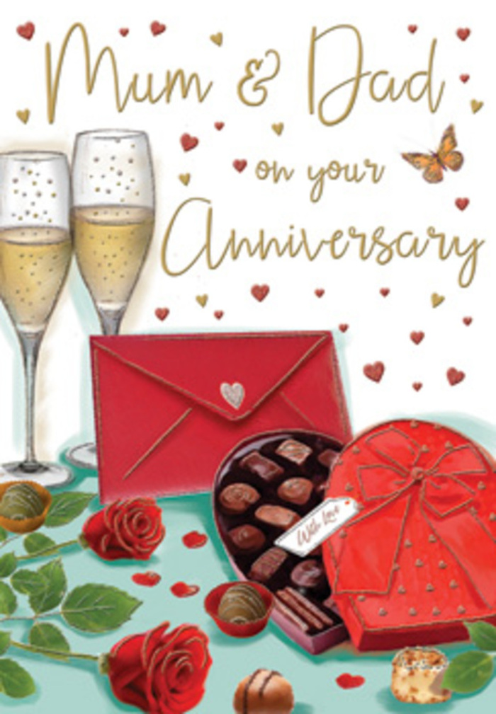 Highly detailed anniversary card artwork portraying an indulgent, romantic arrangement that could easily sit on a dining table in an Epping cottage after a special meal. At the centre of the image, two slim champagne flutes stand close together, their bases almost touching, filled with pale golden fizz where tiny bubbles rise steadily, suggesting a shared toast caught in time. To one side, a heart-shaped chocolate box in a rich red tone lies open, its inner tray drawn with care to show plump, rounded chocolates, each one nestled like a little secret. A broad scarlet bow, rendered to look like soft satin, rests on the lid, its loops and tails curling gracefully towards the viewer. Below and slightly forward, a pair of plush red roses is placed with intention, the layered petals so vivid and velvety they seem freshly cut from a florist's bucket on Epping High Street, their dark green foliage offering a natural contrast. Scattered around are a few loose chocolates and tiny heart motifs in crimson and gold, adding rhythm and movement to the scene. A bright red envelope lies nearby, sealed and slightly angled, hinting at an intimate love note or anniversary message. Above, in gently sweeping script, a greeting addressed to Mum & Dad is framed by floating gold and red hearts that give a soft, celebratory shimmer. The background is subtly lit, as though reflecting the calm glow of an evening in Epping, capturing the emotion, gratitude, and sense of enduring partnership that an anniversary card is meant to convey.