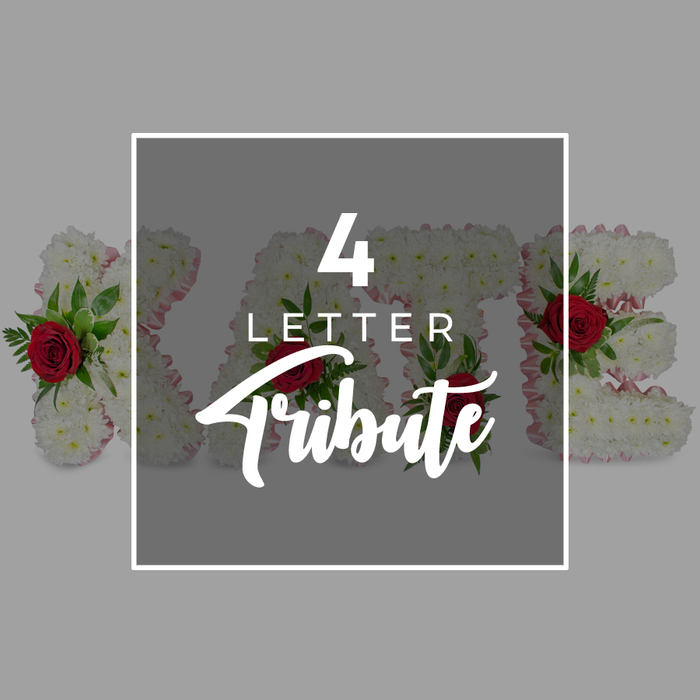 In this carefully styled image, a bespoke four-letter sympathy tribute takes centre stage, conveying both precision and tenderness. The letters themselves, arranged in a neat line, are constructed entirely from tight clusters of white chrysanthemums, each small bloom pressed closely against the next until they form a dense, cushion-like surface. This snowy white base evokes purity and peace, the kind of calm presence often requested for funeral flowers in and around Epping's quiet lanes and green spaces. Around the outer edge of each letter, a fine band of pale pink ribbon or fabric provides a subtle frame, adding just enough colour to soften the silhouette without overpowering it. Nestled among the white petals, accents of velvety red roses appear at intervals, their petals richly layered and slightly open, accompanied by sprigs of glossy green foliage that might include fern fronds or ruscus leaves. These deeper tones bring emotion and depth, echoing enduring love and heartfelt remembrance. Over the central section of the letters lies a dark grey translucent square framed by a crisp white border. On this panel, white lettering is artfully arranged: a bold 4 at the top, the word LETTER in a clear, modern font beneath, and the word Tribute rendered in a graceful script that gently curves like a handwritten note. The semi-transparent nature of the overlay allows hints of the flowers beneath to show through, especially flashes of red and green, ensuring the viewer never loses sight of the floral craftsmanship. Framed by a plain light grey background, the design highlights bespoke funeral letter tributes such as names, nicknames, or meaningful words that families in Epping might order to rest beside the coffin or at a graveside.
