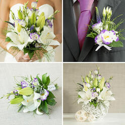 Captured in four harmonious panels, this image translates a wedding's quiet elegance into tactile detail: the bride in a strapless white gown holds a generous bouquet centred on large, fragrant white oriental lilies-some petals fully open and luminous, others gently furled-paired with white lisianthus (Eustoma) edged in a vivid purple halo. Small buds, spires of deep-purple veronica, feathery gypsophila and layered foliage-fine wispy grasses alongside broader green leaves-give the bouquet depth and a natural movement, tied by an experienced hand into a classic, romantic shape. The groom's boutonniere, shown top-right on a dark charcoal jacket, echoes this palette with a single open purple-rimmed Eustoma, a tidy lily bud and slender green accents, fastened by a little white ribbon that mirrors the bridal wrap and the rich purple silk tie beneath. A bridesmaid's smaller hand-tied posy sits on a textured beige fabric in the lower-left, a faithful miniature of the main bouquet with stems neat and satin-wrapped. Lower-right presents a striking tall arrangement in a modern white spherical woven vase, the same lilies and lisianthus cascading among grass-like foliage, accompanied by two woven beige orbs that suggest coordinated reception styling. The soft, warm light bathes the blossoms, emphasising tactile contrasts-the satiny lilies, the ruffled lisianthus-and imparts a serene, celebratory mood reminiscent of intimate gatherings around Epping High Street and the leafy edges of the town.