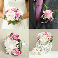 The image presents a close study of a groom's boutonnière and its connection to the bridal bouquet, styled as if for a wedding morning in Epping. The boutonnière itself is a small work of art: a single, perfectly formed rose in a soft lilac tone, its outer petals gently unfurling, is nestled against a fine spray of feathery greenery and miniature puffs of white baby's breath. A slender lavender ribbon is wrapped neatly around the stem, its satin finish catching the light like a subtle shimmer on a misty Epping Forest path. In the background or nearby, you can sense the presence of the bride's bouquet, with its fuller mix of cream peonies, blush and magenta-pink roses, and billowing gypsophila, so that the boutonnière feels like a quiet echo of that larger composition. The colours are beautifully restrained-cool lilacs, soft whites, and fresh greens-conveying calm confidence rather than showiness, the kind of detail you might see at an intimate ceremony in a local Epping church or a reception in a countryside barn. The textures invite touch: the smooth rose petals, the airy gypsophila, and the structured leaves all working in gentle contrast. The overall mood is one of thoughtful preparation, that hushed moment before the groom steps out to greet family and friends on the High Street. Every element suggests intention and care from an experienced florist, transforming this small floral accent into a fragrant keepsake that quietly mirrors the joy and unity of the day without overshadowing the bride's bouquet.