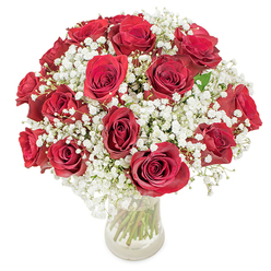 Deep red roses-each one meticulously selected and carefully opened to reveal velvet petals-form an opulent, domed bouquet brimming with contrast and elegance. The vivid, passionate hues of the roses are artfully softened by cloud-like clusters of white baby's breath, which spill delicately between each bloom as though dancing in the soft daylight that spills across the Epping countryside. The clear glass vase, simple and refined, offers a glimpse of slender, fresh green stems crisscrossing in harmonious lines and grounding the arrangement with their vibrant colour. This bouquet captures a sense of joyous warmth and tradition, reminiscent of celebrations at Epping's local tea rooms or strolls along Market Place. The gentle fragrance of roses subtly mingles with whispers of gypsophila, imbuing the atmosphere with a sweet, embracing serenity. Designed to be a statement of enduring love or gratitude-whether for anniversaries, birthdays, or heartfelt gestures-this handcrafted arrangement reflects the skill and pride of Epping's local florists, turning a classic bouquet into a memory to cherish.