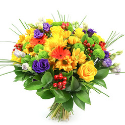 Against a clean white backdrop, this rounded, hand-tied bouquet appears almost to glow, its colours and textures arranged with the quiet confidence of an experienced Epping florist. The mood is joyful and uplifting, led by clusters of bright yellow roses whose tightly layered petals spiral softly outwards, surrounded by golden chrysanthemums and smaller, daisy-like yellow blooms that catch the eye and suggest warmth and friendliness. Threaded between these are vibrant orange gerbera daisies, their flat, open faces and darker centres providing a bold, modern accent, along with petite orange daisies that deepen the cheerful, sunlit feel. Rich purple lisianthus blooms curve gently through the arrangement, some fully open with delicate, ruffled petals, others just beginning to unfurl, introducing an elegant counterpoint to the hotter hues. Small orbs of lime-green button chrysanthemums punctuate the design, their compact pom-pom shapes adding both playful detail and a fresh, grassy note. Scattered throughout, shiny red hypericum berries offer a glossy, berry-like texture that instantly suggests celebration, whether the bouquet is destined for a birthday delivery near Epping Central Line station or a heartfelt thank-you along Theydon Road. Tall, spiky strands of ornamental grass rise lightly from the flowers, guiding the eye upward and adding a sense of movement, while a strong base of lush, dark green leaves frames the colours and gives the bouquet a full, abundant silhouette. The neatly tied stems at the base signal a freshly prepared, ready-to-gift arrangement that radiates positivity, perfect for brightening a kitchen table or office desk anywhere in Epping.