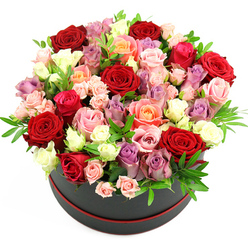 A lavish dome of roses rises from a sleek black round hat box, its matte finish and thin red trim giving the piece an air of quiet sophistication, like a chic gift being carried past Epping Station on the way to a surprise celebration. Set against a clean white background, the arrangement appears almost to glow, every colour allowed to breathe. Deep crimson red roses form the emotional anchor of the design, their velvety petals packed tightly together, suggesting devotion and enduring love. Around them, clusters of blush pink and vivid fuchsia roses add a flirtatious, joyful energy, while peaches, apricots, and warm coral tones blend in to create a soft, sunset-like warmth. Creamy whites and pale ivory roses are interspersed to lift the composition, preventing it from feeling too heavy, and threads of lavender and light purple roses weave through the bouquet with a gentle, contemporary touch. Some blooms are fully unfurled, showing off complex, layered hearts of petals, while others remain as smaller buds, adding texture and a sense of movement. Sprigs of fresh green foliage, likely eucalyptus or similar slender leaves, slip between the blossoms, catching the light and giving the arrangement a natural, garden-fresh feel reminiscent of walks through the green spaces around Epping Forest. The flowers are placed so densely that no foam or mechanics are visible, only a rich carpet of petals viewed from above and slightly to the side. This is the kind of floral hat box you might choose to welcome someone home, celebrate an anniversary, or send as a grand romantic gesture with same-day delivery across Epping, crafted with the care and eye of an experienced local florist.