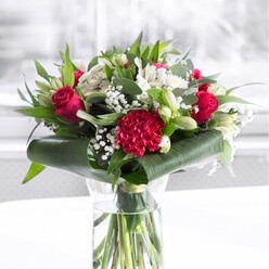 In this image, a striking red and white bouquet rises from a simple clear glass cylinder vase, the stems neatly trimmed and gathered like a carefully arranged bundle of fresh greenery straight from a local Epping market stall. The waterline in the vase is crystal clear, catching the light and emphasizing how freshly the flowers have been prepared. Above, the arrangement bursts into colour and texture: plush deep red roses open in layered spirals, each petal velvety and rich, while a prominent crimson carnation at the front adds a densely ruffled focal point that feels both dramatic and inviting. Threaded between these passionate reds are creamy white and pure white blooms-elegant alstroemeria with their slim, speckled petals, crisp white chrysanthemums or similar daisy-like flowers, and several tall, pale lily buds held just on the edge of opening. Wisps of white gypsophila weave through the bouquet like a delicate mist, softening the stronger shapes and suggesting a gentle, romantic atmosphere, the way early morning fog sometimes hangs over the fields beyond Epping. Surrounding the flowers is a rich frame of greenery: broad, glossy dark green leaves are curved and wrapped at the base to form a graceful collar, while slimmer pointed leaves and eucalyptus-like foliage bring variety in shape, movement, and tone. The bouquet sits on a clean, white surface against a softly blurred, bright background, as if placed near a sunlit window looking out toward Epping High Street. The light is even and kind, allowing each bloom to be seen clearly; it feels like a bouquet created to celebrate major milestones, from engagement announcements and anniversaries to heartfelt congratulations for new homes along Theydon Road or thoughtful get-well wishes delivered across the CM16 area.