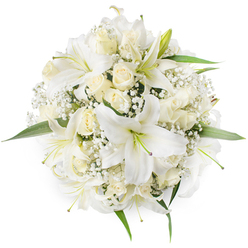 A calm, luminous round bouquet captured from above, arranged with care and restraint - broad, white oriental lilies interlaced with creamy ivory roses and peppered throughout with delicate clusters of white Baby's Breath (Gypsophila). The lilies reveal their graceful trumpet-shaped petals and pale green stamens, creating open, sculptural focal points; the roses remain mostly in bud or half-bloom, their soft, layered petals forming a plush, tactile underlayer. Tiny gypsophila stems float between the main blooms, introducing an ethereal, cloud-like texture that softens the bouquet's dense, symmetrical shape, while sprigs of vibrant green foliage peek out around the edges to give the palette a fresh lift. Set against a pristine white backdrop, the arrangement's simplicity and balance speak to traditional elegance and meticulous craftsmanship.

There is a gentle fragrance - sweet lily notes warmed by the softer perfume of cream roses - that suggests both celebration and consolation, making this design well suited to weddings, anniversaries or thoughtful sympathy gestures. This style is crafted locally for deliveries around Epping and neighbouring villages, prepared with careful timing so the flowers arrive looking calm and composed; Flowers Epping's workshop near the Market and the Forest informs the choice of classic blooms and simple lines that resonate with the town's understated charm. Overall, the bouquet reads as a measured, graceful composition that honours purity and new beginnings while remaining rooted in the practical expertise of a neighbourhood florist.