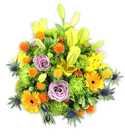 Presented on a clean white backdrop, this densely packed floral composition balances exuberance with careful restraint. Golden-yellow Asiatic lilies create immediate presence; several are fully unfurled with speckled interiors and outward-arching petals, while others remain as poised buds, lending vertical emphasis and a sense of unfolding promise. Pale lavender roses are tucked in close, their soft, powdery tones quieting the brighter hues and inviting an intimate, almost powdery fragrance. Vivid orange Gerbera daisies fan their broad petals like small suns, drawing the eye across the bouquet, and lime-green button chrysanthemums provide a textured, cushion-like fullness that keeps the shape rounded and abundant. Scattered throughout are tiny, globe-like orange and golden-yellow accents that bring lively punctuation and a slightly prickly texture, while blue-grey Eryngium thistles rise at angles to introduce cool, spiky architecture and a coastal, windswept edge to the otherwise warm palette. Varied foliage - from broad lily leaves to glossy small fillers - unifies the arrangement and creates depth. The overall mood is celebratory, warm, and versatile, ideal for congratulatory bouquets, anniversary surprises, or a thoughtful sympathy piece. As a local florist serving Epping and nearby villages, Flowers Epping often composes similar mixed bouquets for same-day delivery across the High Street, near St. John's Road and the market, where residents appreciate a design that both cheers and soothes.