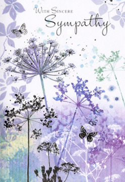 This sympathy card presents a calm, nature-inspired scene that feels reminiscent of an early morning walk near Epping Forest, where mist still clings to the fields. The central illustration is formed from wisps of lace-like flower heads, painted in soft violets, dusky blues, and muted lavender, rising from a base of pale, watercolour washes that blur into silvery green. Each umbel is drawn with such fine, filigree detail that the blooms look as though they might tremble if a breeze passed through. The stems are slender and slightly curved, giving the entire arrangement a sense of lightness and quiet movement. Around the blossoms, transparent butterflies seem to drift and flit, their wings only gently outlined, as if caught mid-flight in a faint breeze along the edge of Epping High Street on a still day. The palette is cool but comforting, with washed-out hues that soften into one another, leaving no hard lines or sharp contrasts, just a feeling of measured calm. You can almost imagine the texture of the card beneath your fingertips-the gentle grain of the paper under the delicate inked stems and tinted petals. Above or among the flowers, a simple, sincere message of sympathy is placed with restraint, never overshadowing the art. It reads as a quiet embrace for someone grieving, crafted with the same care a local florist gives when choosing the most appropriate condolence flowers for delivery across Epping and the nearby villages. The overall effect is compassionate, understated, and deeply human.