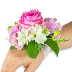 Worn like a treasured memory, this wrist corsage blends old-fashioned romance with contemporary refinement. A lush, deep fuchsia-pink rose forms the striking focal point, its tightly packed petals unfurling from the centre in a sumptuous spiral. Surrounding the rose, pale blush hydrangea heads create a soft, textured base-each tiny floret lending a cushiony fullness that contrasts beautifully with the rose's structured form. White alstroemeria blooms punctuate the composition, their smooth petals tipped with subtle light-green streaks that draw the eye inward. On the right-hand side, a small spray of light-green alstroemeria buds and a few almost-open pink buds suggest promise and a gentle unfolding of the moment.

Lush, broad emerald leaves cradle the flowers and give the piece a grounded, fresh silhouette. The entire arrangement is fixed to the wrist by an elegant, multi-strand bracelet of small, luminous white pearls; the strand wraps neatly around the wrist and extends modestly across the back of the hand, catching studio light and adding a quiet vintage glamour. Shown on a left hand with a light-to-medium skin tone and photographed on a neutral white background, the corsage reads as both intimate and formal-perfect for wedding parties, prom nights, or anniversary gestures. Crafted with that careful attention to scent, texture, and balance you'd expect from a local florist near Epping Forest, this piece is designed to feel personal and enduring. Flowers Epping prepares similar pieces from our Epping workshop for local deliveries and special-occasion collections.