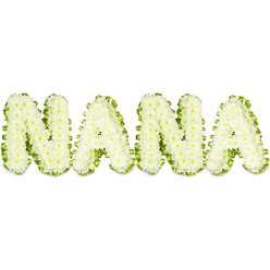 A reverent and carefully crafted floral tribute spells out the word NANA in capital letters, each formed from hundreds of tiny, pristine white chrysanthemum blooms arranged into three-dimensional lettering against a stark white backdrop. From a florist's viewpoint the chrysanthemums create a pillowy, cloud-like surface; each little petal contributes to a densely packed texture that reads both sculptural and intimate. A vivid ribbon of fresh green foliage, pleated and tucked with exacting craftsmanship, outlines every letter like a frame, the deep verdant edge sharpening the contrast so the white letters sit forward in relief. The lighting is bright and even, chosen to reveal the crispness of the petals and the gentle shadows that give the letters a lifelike depth. The arrangement carries quiet dignity and comfort, intended for memorial services or as a graveside tribute where the clear message of love and remembrance matters most. As an Epping florist familiar with St John's Church and the rhythms of the High Street, I note how this combination of pure white and lively green feels fitting for local services held near Epping Forest or for families gathering at the chapel on Station Road. Flowers Epping prepares pieces like this with attention to freshness, and we can deliver tributes across Epping and neighbouring Theydon Bois when timing matters. The bouquet's scent is faintly green and powdery; its presence is calm, respectful, and designed to offer solace to mourners while honoring a beloved grandmother's memory.