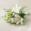 Captured in soft, natural light on a pale beige linen background, this bouquet evokes an early summer morning in Epping. At its centre, several white lilies assert themselves with satin-smooth petals unfurling into bold trumpets; their golden anthers, tipped with a few dark specks, catch the eye and suggest the lilies' honeyed scent. Interwoven among them are graceful lisianthus in pristine white, each petal rimmed with a gentle lavender-purple blush that introduces a subtle, romantic contrast against the dominant whites. Slender green lily buds stand like quiet promises, while sprays of airy, fern-like foliage and broader deep-green leaves create a layered, garden-fresh structure that supports and showcases the blooms. Tiny clouds of baby's breath are threaded through the stems, lending a floating, delicate quality that lightens the overall volume. The bouquet's stems are neatly gathered toward the right and wrapped in a smooth white satin ribbon, the tidy binding giving a modern, refined finish to the hand-tied design. The composition's textures-satiny petals, feathery greens, and soft linen-are emphasised by the directional light and soft shadows, inviting one to reach out and feel the contrast between silk and leaf. Designed for intimate weddings, thoughtful anniversaries, or calm bedside cheer, the arrangement also reads as a local gesture: its quiet palette and woodland foliage echo the nearby Epping Forest trails and the gentle calm of High Street mornings, making it an elegant, regionally resonant choice for delivery across Epping and surrounding villages.
