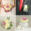 This four-part image presents a cohesive wedding rose collection, the kind of carefully coordinated florals often chosen for ceremonies around Epping, from quiet civil services near the station to grand celebrations on the outskirts by the forest. In the top-left segment, only the bride's torso and hands are visible, her white dress tailored with subtle lace on the bodice that catches the light in gentle, intricate patterns. She holds a round, luxurious bouquet in front of her, composed of cream and pale yellow roses interlaced with richer pink and mauve roses. Small white clusters of baby's breath nestle between the blooms, with hints of glossy green leaves peeking through, giving the bouquet dimension and a soft, romantic halo. The top-right segment focuses on the groom's boutonniere: a single, immaculate white rosebud framed by fine baby's breath and a small spray of greenery, all secured with a neat white satin ribbon bow to the lapel of his dark grey suit. The contrast between his crisp white shirt, bold red silk tie, and the delicate boutonniere creates a polished yet heartfelt impression, like the final finishing touch before stepping into St John's or a nearby registry office. In the bottom-left segment, a relaxed bridesmaid's bouquet rests on a textured beige linen cloth, echoing the bride's flowers with cream and pale yellow roses and accents of bright pink, surrounded by airy white filler flowers and foliage. The stems are wrapped in a pink and white striped ribbon, giving it an approachable, handmade charm. The bottom-right segment showcases a table centerpiece: a tight, rounded cluster of the same roses and baby's breath perched on a sculptural white twig sphere, with two smaller woven orbs placed nearby. Set against a pale, neutral background, this arrangement feels perfectly suited to an elegant Epping reception, perhaps in a converted barn or stylish local venue, marrying rustic textures with refined floral artistry.