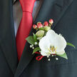 Framed against the left lapel of a dark charcoal suit jacket, this boutonnière reads as a study in contrast and calm, hand-assembled with the precision of a local florist familiar with Epping weddings and events. A sharply knotted red satin tie cuts a clean vertical line beside a pale, patterned dress shirt-likely a light blue or grey checked weave-while the boutonnière itself rests just above, secured by a neat pin. At its heart sits a white Phalaenopsis orchid, petals broad and almost luminous, the central labellum marked with soft yellow-gold veining that adds depth to the blossom's purity. Surrounding the orchid, lush deep-green leaves tuck the bloom close to the lapel, their glossy texture a counterpoint to the suit's matte wool. Wisps of gypsophila drift through the piece like a fine mist, their minute flowers giving an impression of breath and movement, while a cluster of red hypericum berries-ranging from blush coral to deep crimson-repeats the tie's bold color in miniature, creating visual harmony. A delicate loop of red satin ribbon ties the stems together, both concealing mechanics and reinforcing the colour story. The tactile contrasts-the orchid's silken petals, the berries' resilient skins, the tiny papery gypsophila-are evident even without seeing the arrangement. Crafted with the kind of thoughtful detail clients expect from Flowers Epping, this boutonnière is ideal for ceremonies held near St John's Road, receptions on the High Street, or sunset portraits beneath the canopy of Epping Forest.