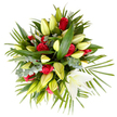 Seen from a gentle overhead view against a crisp white background, this mounded sympathy bouquet balances quiet dignity with fresh, living texture. At its heart are about a dozen deep, velvety red roses-each fully bloomed with tightly layered petals that read as small, glowing pools of colour across the composition-interwoven with many elegant white lilies. One large lily opens fully near the bottom right, its trumpet of pure white petals and soft yellow stamens a focal point of calm, while the other lilies remain long, tapered buds in a pale yellow-green, promising future bloom. The flowers sit within a generous halo of greenery: broad dark-green leaves that give structure, feathery palm-like fronds that fan outward and soften the silhouette, and clusters of muted silver-green eucalyptus leaves that add cool, tactile contrast and depth. The arrangement is lit by soft, diffused daylight that brings out the silkiness of rose petals and the subtle sheen on lily buds, creating gentle shadows and an uplifting sense of peace. There is an understated scent imagined here-the soapy, green top-note of lilies mingling with the warm, honeyed sweetness of roses and the crisp scent of fresh foliage. Crafted with composed restraint, this bouquet reads as a respectful, comforting tribute suitable for a memorial or condolence delivery, offering presence and solace without excess. A local florist familiar with Epping Forest and the quiet streets off the High Street might place this arrangement near a service or send it as a thoughtful sign of remembrance to honours in the community.