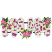 A three-dimensional floral tribute formed into the word MUM, presented against a clean white backdrop so every texture reads clearly. Each letter is built from a plush, dense carpet of small white chrysanthemums that create a soft, cloud-like surface; their subtle tea-scent and layered petals give the piece a quiet, comforting presence. Scattered through the white base are jewel-like accents of deep magenta and purple pom-pom blooms which break the whiteness into gentle, rhythmic patches and add visual depth. Warm pink spray roses appear as focal clusters: a small bouquet sits at the upper left of the first M, a larger cluster nestles into the lower curve of the U, and a mirrored cluster adorns the upper right of the final M. Rich, dark green foliage-feathery fern fronds and glossy leaves-frames each rose cluster and anchors the overall silhouette, while tiny blue accent flowers peek between petals for an unexpected cool note. Thin, unobtrusive dark bars run horizontally behind the letters to suggest structural support without distracting from the floral surfaces. The edges of the letters are finished with a delicate hint of purple ribbon that sharpens the outlines and reflects careful hand-work. The composition reads as both a traditional funeral tribute and a tender celebration of remembrance: serene in white, warming with pink, and dignified with purple. As a local Epping florist would explain, this arrangement is suited to a funeral, memorial or wake held near St John's Church or in quiet rooms off Epping High Street, offering a bespoke, sympathetic expression of love for a mother.