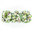 Three floral letters spelling out DAD stretch horizontally across a clean white background, forming a classic and deeply personal funeral tribute. Each capital letter is densely filled with snowy white chrysanthemums and daisy-like gerberas, so close together that they create a soft, cushiony appearance, symbolising purity, remembrance, and the gentleness of a father's care. Here and there, smaller white blooms and buds add quiet detail, as if each petal represents a shared memory. Around every letter runs a generous frame of rich green foliage, mainly feathery fern and glossy leaves, following the contours and creating a well-defined silhouette easily readable at a distance, whether displayed in a church near Epping or at a quieter graveside service. Threaded carefully through the white flowers are pockets of purple and violet accent blooms - perhaps spray carnations, lisianthus, or pansy-like flowers - lending a dignified, regal tone that feels very fitting for a final farewell. There are also touches of soft lavender and mauve roses nestled within, their layered petals suggesting enduring love and gratitude. The overall effect is serene and respectful, with even lighting that highlights each flower without harsh shadows, conveying the sense of a freshly prepared arrangement ready for same-day tribute delivery across Epping. This floral lettering is the kind of thoughtful design a local florist would create when a family wishes to honour Dad in a clear, heartfelt way, using flowers to speak when emotions run deep.