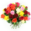 An exuberant hand-tied bouquet of mixed-colour roses dominates a clean white background, capturing the feeling of a joyful celebration in the heart of Epping. The flowers are packed closely into a rounded, dome-shaped cluster, so the viewer is met with a continuous surface of petals in shifting shades. Deep ruby reds and rich burgundy tones speak of romance and passion, weaving among softer pastel pinks and brighter fuchsia blooms that suggest admiration and gratitude. Sunny yellow roses add cheerful brightness, while glowing orange blossoms bring warmth and energy, all gently balanced by calmer notes of creamy white and ivory that lend quiet elegance. Each rose displays layers of petals, some fully open to reveal spiralling centres, others still partially closed, hinting at fresh blooms yet to fully reveal themselves. Between the roses, healthy dark green leaves peek through in small accents, underscoring the bouquet's freshness, like roses just delivered from a trusted Epping florist. The long stems are neatly gathered at the base and secured with a green and white gingham ribbon, its checked pattern adding a homely, hand-crafted feel, as though the bouquet was tied especially for a birthday, anniversary, or thank-you gesture along Epping High Street. The stems spread gently as they rest on the white surface, supporting the rich crown of colour above. Bright, even lighting enhances the vivid hues and velvety textures, creating a sense of clarity and crispness. Together, the elements evoke warmth, affection, and celebration, making this bouquet perfect for moments when words alone are not enough.