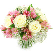 A carefully hand-tied bouquet featuring creamy white roses, pink alstroemeria, and fine sprays of white baby's breath is shown against a spotless white background, allowing the colours and textures to take center stage. Three to five large roses, fully open and velvety, form the main focal points, their petals layered in soft spirals that reveal a hint of pale yellow warmth at the heart of each bloom. Threaded among them are generous clusters of alstroemeria in fresh shades of pink, some petals pale at the tips and deepening to rich fuchsia near the base, delicately patterned with slender stripes and speckles that give the flowers a lively, painterly feel. Interlaced throughout the bouquet, tiny blossoms of gypsophila gather in airy clusters, creating a gentle, cloud-like veil that softens the transitions between the larger flowers and adds a sense of lightness. Deep green foliage, mostly smooth rose leaves and narrow alstroemeria leaves, forms a subtle frame, suggesting the freshness of a garden just beyond the door, not unlike the leafy borders seen in front gardens across Epping's residential streets. The stems at the base are neatly aligned and bound, clearly visible and cut with precision, showing the touch of an experienced florist such as those at Flowers Epping who prepare bouquets ready for local delivery. Even, bright lighting enhances the bouquet's delicate textures-the satin sheen on rose petals, the slightly ruffled edges of the lilies, and the fine branching stems of the baby's breath. The overall impression is one of gentle romance and uplifting charm, perfect for celebrating a special day or sending a heartfelt message to someone in the Epping area.
