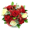 A sumptuous, rounded bouquet is presented against a clean white background, allowing every colour and contour to stand out with clarity. At the centre, deep velvety red roses open in generous spirals, their rich hue suggesting intense emotion and classic romance, the kind of flowers you might send for an anniversary dinner in an Epping townhouse. Interspersed among them are creamy white and very pale yellow roses, their softer tones bringing a gentle glow and balancing the dramatic reds with serene, almost bridal grace. Between these larger blooms, clouds of tiny scarlet filler flowers-similar to dyed red gypsophila-drift delicately, adding lightness and a fine, intricate texture that gives the bouquet a sense of movement and depth. Bright red hypericum berries peek out from the arrangement like small, polished jewels, introducing a festive, holiday charm that would feel at home in Epping living rooms from Bell Common to the roads leading toward Theydon Bois. Encircling the blossoms is a collar of vivid greenery, a mix of broad, glossy dark green leaves and distinctive rounded eucalyptus in a silvery-green shade, which offers cool contrast and hints at a fresh, clean fragrance. The flowers are gathered neatly into a clear, glass-like container, the lower edge finished with a band of green and white check that gently suggests a wrapped gift, ready for local delivery. The overall impression is of warmth, refinement, and quiet celebration-a bouquet perfectly suited to conveying love, appreciation, or seasonal joy to someone special in and around Epping.
