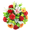 Captured from a bird's-eye view on a pristine white background, this lush mixed bouquet looks like a carefully painted circle of colour, as if set out by a skilled Epping florist preparing a special delivery. Deep red roses and matching red carnations form the emotional heart of the arrangement, their velvety, layered petals creating a sense of depth and intimacy. Around them, wide, starry lilies unfurl in soft white with blush-pink touches and delicate speckles, their long stamens dusted with golden pollen; nearby, a few closed buds promise new blooms over the coming days, extending the life of the display on a kitchen table near Epping High Street or in a cosy cottage closer to the forest. Bright orange and warm yellow gerbera daisies punctuate the bouquet, their daisy-like faces and dark centres giving a cheerful, contemporary feel, like pockets of sunshine scattered among the red and white. Tucked between these larger blooms are clusters of lime green button chrysanthemums, small, tightly packed pom-pom shapes that add both texture and a vivid splash of fresh green. A rich collar of foliage cradles the flowers, combining broad, glossy dark green leaves with softer, silvery-green stems that echo the natural tones of nearby Epping Forest, lending the bouquet a slightly woodland charm. The composition is dense yet balanced, with no gaps, suggesting careful, professional craftsmanship and an intention to convey joy, celebration, and appreciation. Ideal for birthdays, anniversaries, or simply brightening a room, it reflects the kind of vibrant, fresh arrangement often chosen for same-day flower delivery across Epping and its surrounding communities.
