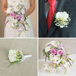 This collage of four wedding floral designs captures a cohesive romantic theme, ideal for elegant ceremonies and receptions in and around Epping. In the top-left frame, the lower half of a bride is shown, her white lace wedding dress providing a soft, intricate canvas for a cascading bouquet cradled in both hands. The bouquet is a lush cascade of white phalaenopsis orchids with creamy yellow centers, nestled among blush pink garden roses, feathery white baby's breath, and light lavender stock. Deep pink, almost fuchsia, spiky blooms dart through the arrangement, adding lively contrast to the pastel tones. The flowers spill gently downward, giving a dreamy, almost waterfall effect that echoes the lines of a flowing bridal train.

Top right, the groom's boutonniere is shown close up, pinned neatly to a dark charcoal or black suit lapel. Beneath the jacket, a bright red tie and a patterned dress shirt introduce a hint of personality and colour. The boutonniere itself is composed of a single flawless white phalaenopsis orchid, clustered with tiny stars of baby's breath and fine green sprigs, the stems bound with a slim white satin ribbon. The design subtly mirrors the bride's bouquet, ensuring a polished, unified look for photos taken on Epping High Street or in nearby parkland.

In the lower-left image, that same boutonniere lies flat on a softly textured beige fabric, likely linen or burlap, which adds a tactile, rustic note reminiscent of barn weddings in the surrounding Essex countryside. Here, every detail is visible-the curvature of the orchid petals, the lightness of the gypsophila, the precise ribbon wrap. The final bottom-right image shows a coordinated table centerpiece in a white, woven lattice-effect cylinder vase. White orchids, blush roses, lavender stock, baby's breath, and fresh green foliage spill upwards and outwards, punctuated by deep pink accent spikes. Two white woven spheres placed beside the vase echo its texture, completing an elegant, contemporary tablescape suited to a refined Epping reception venue.