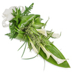 A vertically oriented, elongated floral cascade photographed on a clean white background, this arrangement reads as a study in serene contrast: creamy white calla lilies sweep from the top-left down toward the bottom-right, their trumpet-shaped blooms smooth and gently turned to reveal waxy, pearl-toned interiors. The stems are arranged in a hand-tied sheaf that feels both architectural and soft; broad, glossy tropical leaves-folded and curved like green ribbons-create a structured base that anchors the design, while delicate, feathery fern fronds and narrow, grass-like blades weave through the composition to supply lightness and movement. Variegated leaves with pale stripes scatter through the middle, catching the eye with flashes of lime and white, and clusters of tiny pale-green herbaceous sprigs nestle between larger elements like a natural filler. A large, off-white linen bow sits at the upper left, its woven texture and muted tone introducing a touch of calm, tactile warmth that complements the lilies' purity. The lighting is soft and studio-clean, revealing subtle shadows that emphasize the lilies' curves and the glossy depth of the greens, and the overall mood is quietly dignified-suitable for a contemporary wedding, a thoughtful sympathy tribute, or an elegant table accent. As a local maker familiar with Epping's quieter moments beneath the canopy of Epping Forest, I picture this piece offered for gentle occasions where restraint and composure matter, its simple palette and careful lines conveying solace, clarity, and refined natural beauty.