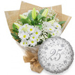 A classic silver anniversary bouquet and balloon arrangement is presented against a spotless white background, capturing the quiet elegance of a 25-year celebration in Epping. On the left, a substantial hand-tied bouquet overflows with white flowers, dominated by daisy-like chrysanthemums. Each bloom is neatly formed, with layers of pure white petals radiating from bright yellow centres that lend a gentle, sunlit warmth. Threaded among them are graceful white lily buds, long and poised, some just beginning to loosen their petals, still edged with a hint of green that speaks of freshness and careful timing from the local florist. Wispy clouds of white baby's breath float between the larger blooms, creating a light, airy texture that softens the bouquet. Deep green foliage surrounds and supports the flowers, the leaves glossy and full, providing a rich contrast similar to the greenery around Epping's parks and the nearby forest. The stems are carefully encased in a protective layer of clear cellophane, then wrapped in natural brown kraft paper that folds and creases in a pleasingly organic way. The bottom is neatly tied, the gathering point slightly visible, showing where the florist's hands last held the bouquet together. To the right of the flowers, a round silver foil balloon adds a festive note. Its metallic surface reflects the surrounding light, and a border of ornate swirling scrolls and floral designs in slightly darker silver frames the central inscription 25th in flowing script. In the background, the words Happy Anniversary repeat softly in pale grey, reinforcing the milestone being honoured. The overall scene conveys a thoughtful, understated celebration of a Silver Anniversary, ideal for marking a special evening at home in Epping.