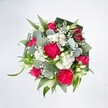 A lush, celebratory flower bouquet is shown from directly above, its full round shape radiating across a clean white background so that every colour appears crisp and luminous. At the heart of the design, rich hot pink carnations unfurl in layers of ruffled petals, their frilled edges catching the light and giving the arrangement a sense of movement and depth. Nestled between them are deep pink and fuchsia roses, some fully open with elegant spiral centres, others still in tight buds that promise to bloom in the days ahead. Clusters of tiny white spray chrysanthemums and other daisy-like flowers form soft, clouded mounds, while delicate sprigs of white baby's breath thread through the bouquet like a fine mist, adding airiness and romance. A few slender white buds, reminiscent of alstroemeria or lily blooms, lend a touch of purity and refinement. Surrounding and supporting the flowers is a generous collar of foliage: silvery-green eucalyptus leaves with their rounded, slightly waxy surfaces, bright green linear leaves that arc gracefully outward, and darker, broader greens, carefully folded to create a structured frame. The lighting feels like gentle daylight, similar to what you'd see streaming through a window in an Epping High Street home, giving the bouquet a fresh, just-arrived-from-the-florist look. The overall mood is joyful yet tender, like a cheerful embrace. This arrangement would be perfect for sending congratulations, lifting someone's spirits, or marking a special moment for loved ones across Epping, from Bell Common to the leafy roads leading toward Epping Forest, capturing both festive energy and comforting warmth in a single, handcrafted floral design.