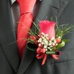 A close-up, high-angle photograph reveals a meticulously crafted buttonhole pinned to the left lapel of a deep charcoal suit, the kind you might see on a groom stepping out of a car near Epping High Street. At its heart stands a single, velvety rosebud in a rich, deep red, the petals tightly cupped yet full of promise, catching the soft indoor light so that each curve appears gently shadowed and alive. Encircling the rose, tiny white gypsophila blossoms gather like a halo of delicate stars, their airy clusters softening the intensity of the crimson tones. Nestled among them, small, glossy red berries echo the rose's colour, their smooth skins reflecting pinpricks of light and adding a tactile, almost jewel-like texture that feels both festive and refined. Slender, grass-like blades of greenery arc outward from behind, giving the boutonniere a sense of movement, while broader, darker green leaves cradle the base, their surface slightly matte against the sheen of the suit fabric. A narrow red satin ribbon is tied neatly around the stems, its bow crisp and symmetrical, completing the red story that runs through the design. Just beneath the lapel, a bright red tie in what appears to be silk or satin is perfectly knotted, its vivid sheen drawing the eye downward in a smooth line. Behind it, a subtly patterned light grey or white dress shirt peeks through, suggesting fine checks or a tiny houndstooth weave, adding quiet sophistication. The overall impression is of polished elegance and careful coordination, ideal for a wedding at a country venue outside Epping or a formal evening celebration in town, where every detail of the gentleman's attire has been thoughtfully considered.