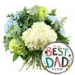 The image features a charming Father's Day-themed floral gift set, photographed against a pure white background that allows each element to stand out. On the left and centre, a full, rounded bouquet of hydrangeas takes pride of place, its shape suggesting careful, professional arranging by a local Epping florist. Large heads of creamy white hydrangeas form the core, their clusters of tiny petals nestling tightly together to create a velvety texture. Surrounding them, cool light blue hydrangeas emerge from the upper left and right sections, introducing a tranquil, airy feel that calls to mind quiet mornings around Epping's green lanes. Bright lime green hydrangeas are tucked toward the lower left and right edges, providing a fresh, invigorating contrast. Interwoven between these blooms are stems of silvery-green eucalyptus with their soft, rounded leaves, alongside darker, glossy foliage that adds richness and a hint of woodland character, reminiscent of nearby Epping Forest. The bouquet's straight green stems are visible at the base, neatly gathered and tied as a classic hand-tied bunch, ready for local delivery. On the lower right, slightly overlapping the stems and blooms, sits a shiny round foil balloon. Its white centre panel is framed by bold black and white striped borders, and the cheerful message For the BEST DAD EVER! appears in a lively mix of fonts and bright, patterned letters. Scattered stars, colourful dots, and a tiny No. 1 rosette motif decorate the balloon's surface, adding to the celebratory tone. The overall impression is one of warmth, gratitude, and playful joy, ideal for honouring a much-loved dad in or around Epping.