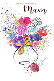 A buoyant watercolour bouquet sits at the center of the composition, its petals sketched in lively washes of cerise, hot pink and deep indigo, softened by serene blues and lavender washes. The painterly stems gather into a softly ribboned vase rendered with warm apricot and chartreuse hints, a neat golden bow looping at the neck to suggest the crinkle of satin ribbon. Fine gold lines trace petal edges and veins, catching an imagined light like dew on a spring morning; scattered flecks and playful paint splatters orbit the blooms, as if a gentle breeze had tossed petals into celebration. Heart motifs float near the margins, small and affectionate, reinforcing the card's intent as a tender message for Mother's Day. The texture reads like wet-on-wet paper-edges bloom, pigments feather, and the overall surface retains the tactile suggestion of hand-painted layers. Colour balances boldly: indigo contours give structure, while cerise and magenta bring joyful immediacy and the cooler blues and lavenders calm the palette. The vase's shadow and the soft white background allow the bouquet to breathe, giving it an airy, spontaneous feeling while the golden accents add a quiet note of ceremony. As a local florist might tuck a single sprig behind the bow, this illustration feels both casually jubilant and carefully composed, a keepsake that carries scentless but palpable warmth. For residents around Epping Forest and the High Street, the image evokes early-morning market blooms and the gentle choreography of arranging stems into something both beautiful and meaning-filled.