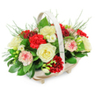 A gently overflowing funeral flower basket is pictured, conveying a sense of warmth and solace through its thoughtful blend of colours and shapes. The arrangement rests in a shallow, oblong basket made from pale, natural wood, the slats neatly arranged and lifted on four small feet that give it a tidy, elevated profile. A sturdy, arched handle of the same light tone rises above the display, framing the flowers in a way that feels both homely and dignified, in keeping with the style of many traditional tributes sent across Epping. The bouquet itself forms a rounded, dome-like mound that appears to spill just over the basket's edges, with creamy white, deep red, and soft pink tones held together by lush greenery. Ivory roses, fully open and generously petalled, are dotted throughout the design, their softness conveying peace, innocence, and a respectful farewell. These are paired with rich red carnations, their tightly frilled petals offering texture and depth, the colour speaking of enduring love and heartfelt remembrance. Lighter, variegated carnations appear in paler pink and white with touches of red, creating small transitions of colour that gently ease the eye from dark to light. Fine white blooms, akin to freesias, peek from between the larger flowers, adding flickers of brightness and suggesting a subtle, fresh fragrance. Beneath and around the blooms, glossy dark green leaves provide structure, while delicate fern-like fronds introduce movement and an airy, natural feel. Set against the plain white background, every stem and petal is clearly visible, making this arrangement a fitting tribute for a funeral service, a crematorium chapel near Epping, or as a condolence gift brought to a quiet family home in the town.