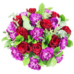 This image shows a lavish, round bouquet photographed from directly overhead, its rich colours dramatically highlighted against a smooth white background. The composition feels both modern and timeless, like something you might see gracing a beautifully set table in an Epping townhouse. At the centre and radiating outward are sumptuous red roses, fully open yet still structured, their petals thick and velvety, spiralling inward with classic symmetry. The red is a deep, almost ruby shade, suggesting romance, gratitude, and heartfelt emotion. Intermingled with the roses are plentiful purple carnations, their ruffled petals forming soft, intricate layers that create a feathery halo of colour. These carnations carry an intense purple, leaning toward magenta and royal purple, which plays dynamically against the crimson roses and adds a touch of joy and liveliness. Encircling and threading through this sea of blooms is an assortment of fresh foliage: wide, glossy dark-green leaves provide a luxurious frame, while sprigs of eucalyptus add cooler notes with their rounded, silvery-green leaves, catching the light and giving a sense of depth. The bouquet's rounded, compact shape suggests careful professional craftsmanship, the kind you'd expect from a local Epping florist accustomed to preparing romantic surprises for homes along Bower Vale or thoughtful congratulations for offices near the station. Though the photograph is silent, it evokes a subtle blend of scent-soft rose petals and the crisp, airy freshness of eucalyptus-creating a mood of polished celebration. This is a bouquet that visually speaks of anniversaries, heartfelt thank-yous, or simply a beautiful way to brighten a calm evening at home.