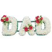 A deeply felt floral tribute spelling the word DAD in large three-dimensional capital letters, crafted to read clearly from a funeral pew or graveside. Each letter is densely clothed in small, pristine white chrysanthemum blooms that give the surfaces a soft, pillowy texture and a quiet, reverent sheen under soft studio light. The perimeters of the letters are neatly finished with a pleated emerald green ribbon that frames the white massing and gives each character a crisp, dignified edge. On the upper curve of the left 'D' sits a composed cluster of velvety deep red roses and small white freesia, their perfume subtle against the clean white of the chrysanthemums and lifted by glossy green foliage. A similar grouping of red roses, white freesia, and bright greens is placed near the lower left of the central 'A', with a delicate loop of grass or foliage that adds organic movement up the letter's side. The final 'D' mirrors the first, its top curve adorned with the same red-and-white cluster so the composition reads as a balanced triptych. Slim dark green or black support bars run behind the letters, almost invisible but providing a stable, cohesive structure for display at memorial services. Set against a bright white background, the piece reads as both modern and traditional - white flowers for purity and devoted love, red roses for deep respect and affection - making it a tender, personal way to honour a father. The overall mood is calm, respectful, and crafted with the careful touch of a florist experienced in sympathy work for local services in and around Epping and neighbouring villages.