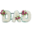 This image shows a reverent, three-dimensional funeral tribute spelling the letters D A D in bold capital forms, each letter densely clothed in pristine white chrysanthemums that create a cloud-like, cushiony surface. The chrysanthemums sit tightly together so the letters read as a continuous sheet of soft, snow-white texture; against the clean white background the arrangement takes on a calm, solemn presence. Each letter's edge is neatly traced with a pleated emerald-green ribbon that ruffles gently, giving a cool contrast to the warm white blooms and framing the shapes with formal dignity. A subtle dark green or slate support bar runs horizontally behind the letters, barely visible but suggesting the sturdy stand used for display at a chapel or graveside. Carefully placed accent clusters punctuate the letters: the first D bears a spray of deep magenta roses and small white freesia on its upper left curve; the A holds its cluster tucked into the lower central V; the final D mirrors the first with a similar grouping on the upper right curve. The magenta roses add a quiet note of affection and the freesia brings a soft citrus-lace scent imagineable at close range, while the dark green foliage gives depth and a grounding shape. The overall effect is one of respectful simplicity - a personal, hand-made memorial piece suited to a funeral service in and around Epping, from the High Street chapels to graveside gatherings in Epping Forest. As a local florist would describe it, this bespoke DAD lettering offers a composed, heartfelt way to honour a father - gentle, tactile, and thoughtfully balanced.
