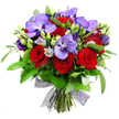 Against a pristine white backdrop, this vibrant, full-bodied bouquet draws the eye with its confident mix of colour and texture. The design centers on several large, velvety deep red roses, their petals spiralling into lush rosettes that speak of romance and classic elegance. Rising beside them are regal purple Vanda orchids, their broad, flat blooms patterned with tiny darker speckles that catch the light like polished jewels. Interwoven among these dominant flowers are clusters of smaller, softer purple lisianthus-some still in bud-adding gentle lavender and silvery tones that soften the intensity and lend a sense of graceful movement. A lush canopy of green foliage surrounds the blooms: broad, glossy leaves provide depth, while slender stems with eucalyptus-like hints add air and texture, giving the arrangement natural volume. Scattered throughout are fresh green buds and delicate filler elements that hint at new growth and morning freshness. The stems are neatly gathered at the base and bound with a decorative dark mesh ribbon, almost black with a hint of plum, creating an open-weave bow that feels contemporary and refined. The overall effect is festive and opulent, equally suitable as a grand gift, a striking table centerpiece, or a focal point in an event space. This bouquet communicates passion, luxury, and thoughtful craft, a testament to the florist's careful selection and balance. In the Epping area, it can be delivered with same-day service across town or enjoyed in a boutique setting along the High Street, bringing a touch of drama and elegance to any celebration.