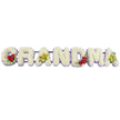 A close, eye-level view captures a bespoke floral word tribute spelling GRANDMA in bold capitals, the letters stretching neatly from left to right against a bright, uncluttered white background. Every letter is formed from a dense mass of small, crisp white chrysanthemums or similar clustered blooms, their layered petals giving a cushiony, soft appearance that feels soothing and serene. The top surfaces look almost velour-like from the tightness of the flowers, while a delicate halo of pale lavender or light purple blossoms peeks out at the edges, lightly tracing each contour and providing a refined frame of colour. On the left, the G is adorned at its lower curve with three luxurious deep red roses, their velvety petals spiralling outward amidst dark green foliage, lending a sense of heartfelt devotion. The first A is accented with two yellow-green cymbidium orchids, their open faces showing intricate reddish-brown detail in the throats, bringing a modern, distinctive personality to the tribute. The letters R, N and D remain entirely in white with the lavender edging, quietly radiating themes of peace, remembrance and purity. The M holds another small group of rich red roses at its lower right, visually echoing the G, and the final A mirrors the first with two more chartreuse orchids, tying the composition together beautifully. A slim dark metal frame is just visible behind, supporting the letters so they could stand proudly at the front of a chapel or crematorium serving families from Epping and the nearby countryside. The arrangement feels both traditional and personal, a graceful floral way to honour a beloved grandmother's life and the stories shared across generations.