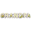 The photograph shows a bespoke funeral tribute spelling out GRANDPA in bold, uppercase floral letters, arranged horizontally on a slim, dark support bar that almost disappears against a pure white studio background. Each letter is generously covered with small white chrysanthemum blooms, placed so tightly that they form a smooth, cushion-like surface, softening the strong outlines of the block capitals. Around the edge of every letter runs a tidy border of delicate pale lavender or light purple flowers, providing a gentle contrast that neatly frames the white centres and makes each character clearly legible. This combination of white and lilac conveys a sense of serenity and quiet respect, suitable for a final farewell. Carefully placed on selected letters are accents of warm peach roses and natural greenery. The G bears a full, eye-catching cluster of roses, some fully opened and some still in bud, interlaced with glossy green foliage and a few slender white lily buds that add height and elegance. The first A, the D, and the final A each hold a smaller, echoing cluster of peach roses, visually linking the word and adding a human, affectionate note to the design. The tribute feels both stately and intimate, as if created for a family gathering to honour a beloved grandfather at a church near Epping High Road or a service by the edge of Epping Forest. Every petal, colour, and texture has been chosen to speak of remembrance, gratitude, and the gentle love that lives on beyond loss.