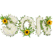 A tender, hand-crafted floral tribute spelling SON in bold capital letters, photographed on a bright white background so every detail reads clearly. Each letter - S, O and N - is densely built from small, pristine white chrysanthemums whose cushiony petals form a soft, cloud-like surface you can almost feel beneath your fingertips. Winding through and around the white blooms are deep, glossy ivy vines whose dark green leaves and slender tendrils trace the shapes, lending structural definition and a sense of living continuity. Lighter green fern fronds and pointed leafy sprigs are woven into the base of the O and along the inner curves, creating layered depth and a cool, forest scent impression even in the still photograph. Warmth and hope arrive as bright yellow sunflowers with rich, dark brown centers: one nestles on the upper left curve of the S, another rests at the lower centre of the O amid the ferns, and a third crowns the upper right of the N, their broad golden petals softening the arrangement with a comforting glow. The overall palette - pure white, deep green and sunflower gold - feels both peaceful and quietly uplifting, chosen to express love, respect and remembrance. The photographic lighting is clear and natural, revealing the chrysanthemums' velvety texture, the ivy's sheen and the sunflower's rough disc centres without distraction. As a local Epping tribute, this piece reads as a thoughtful memorial for a son, reflecting careful floristry and a sensitive balance of mourning and warmth, suitable for funeral services or a quiet celebration of life near Epping Forest or the High Street.